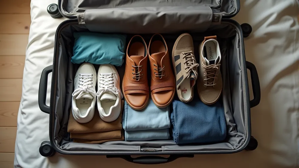 Open suitcase displaying three pairs of shoes: casual sneakers, dressy flats, and hiking sandals.
