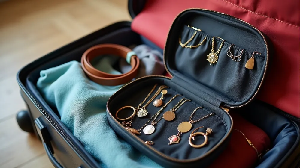 Accessories neatly packed for travel, including a jewelry case, rolled scarves, and coiled belts. Accessorizing Your Travel Wardrobe