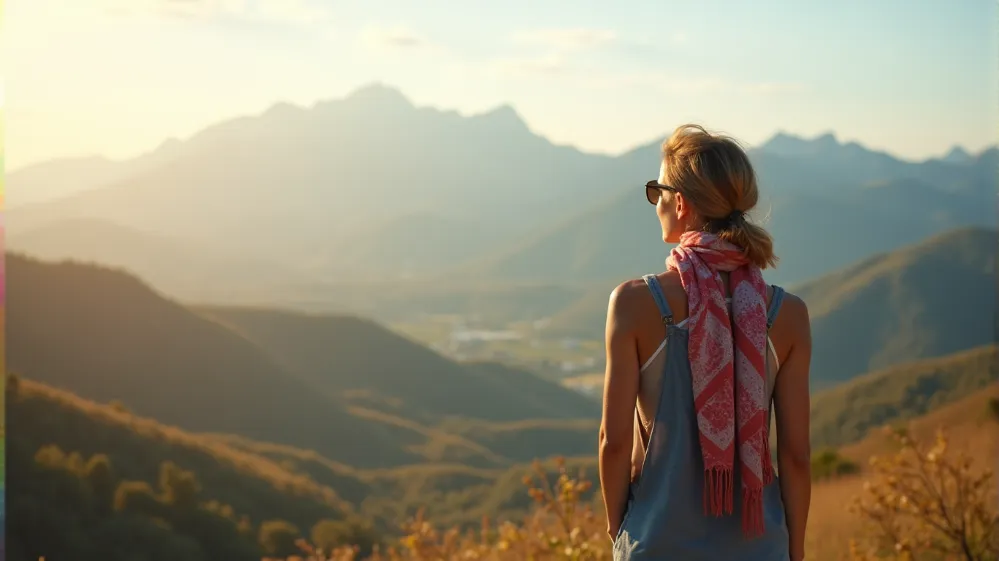 A traveler enjoying a scenic view while wearing a stylish and versatile On-the-go scarf.