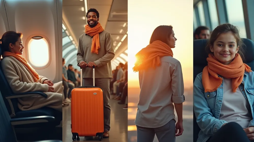 A Wanderlust wrap being used for warmth, sun protection, luggage identification, and comfort during travel.