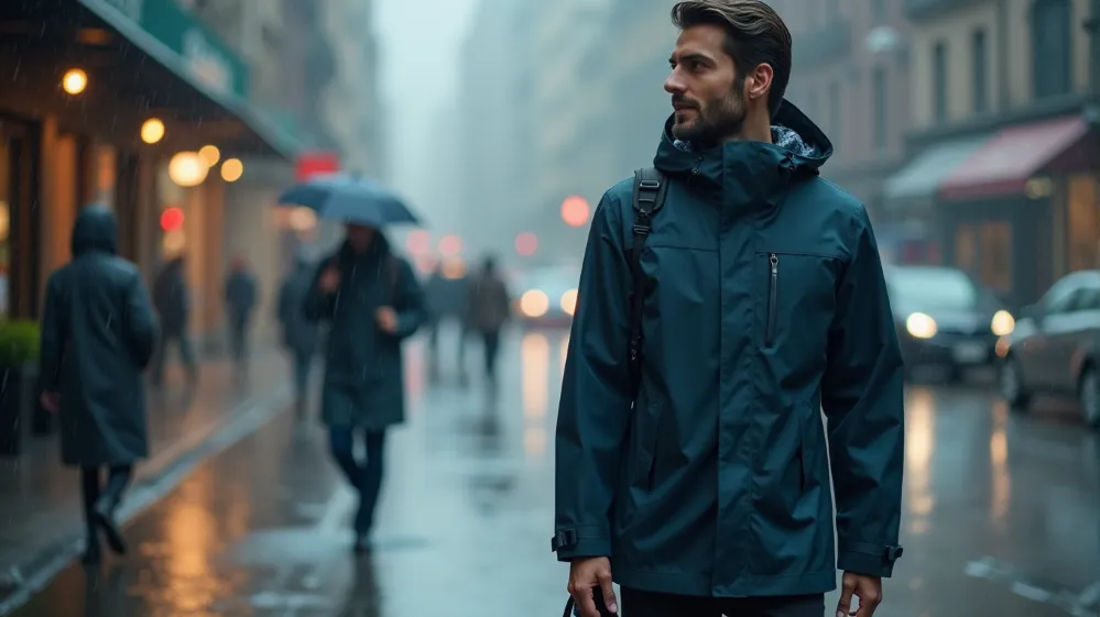 A stylish, waterproof rain jacket and accessories displayed in a rainy urban environment, emphasizing superior rain protection.