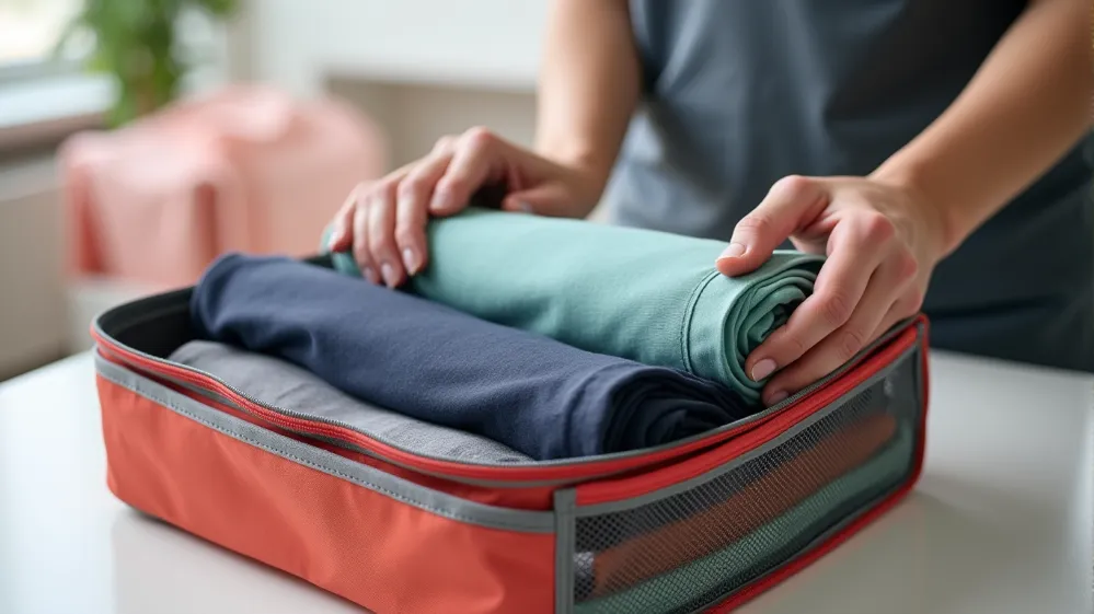 Hands demonstrating the rolling technique for packing clothes efficiently. travel-friendly fabrics