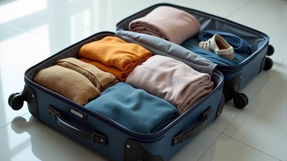Open checked suitcase overflowing with clothes and travel items.