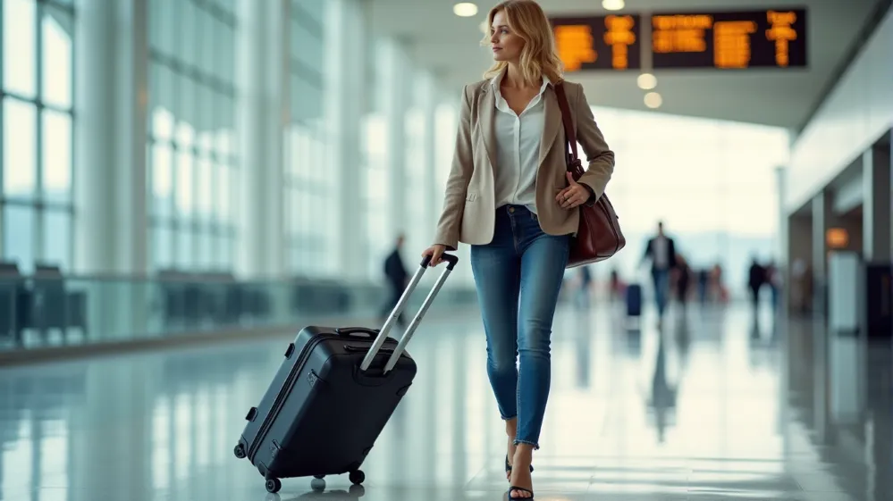 Confident traveler with a neatly packed suitcase, symbolizing the ease of travel with packing cubes.