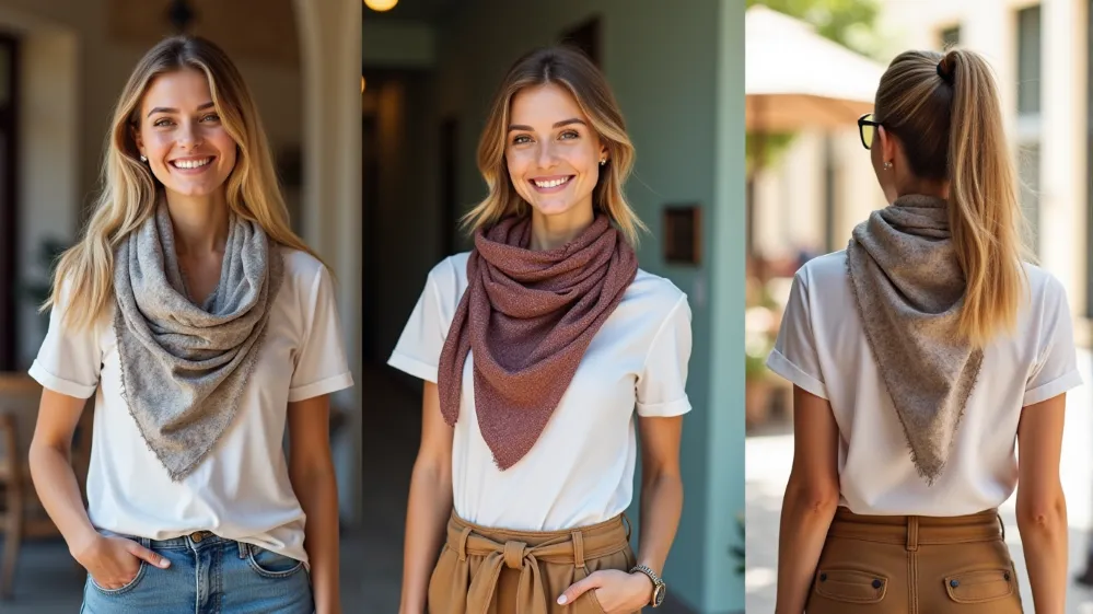A traveler styling a versatile Wanderlust wrap in different ways for various travel outfits.