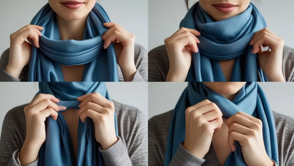 Step-by-step visual guide for tying a Wanderlust wrap in a classic loop. (Repeat with appropriate alt text for other suggested knots).