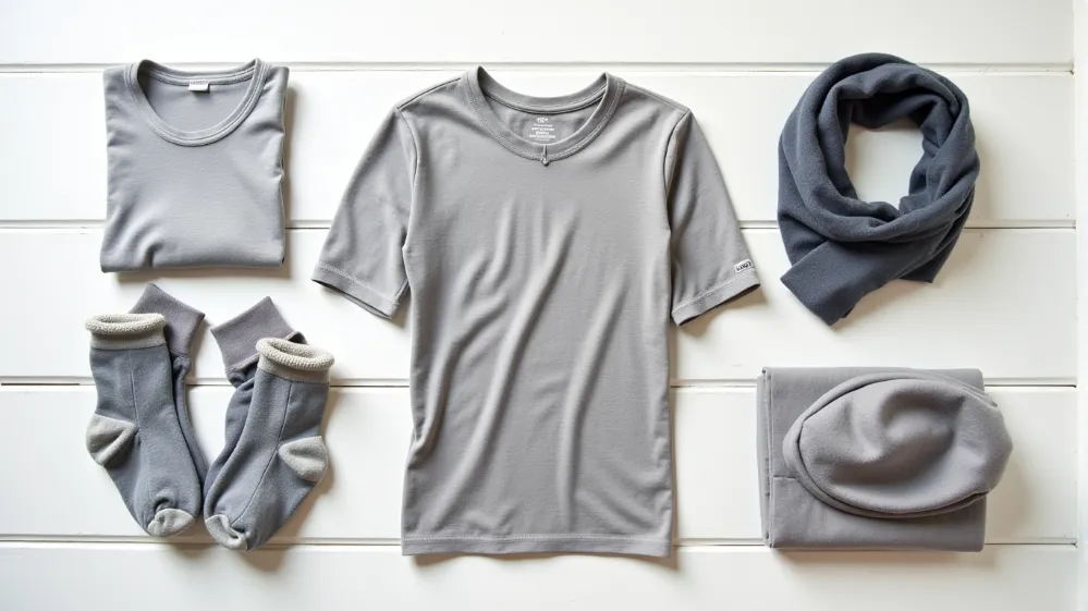 Collage of essential wool clothing and accessories ideal for travel.