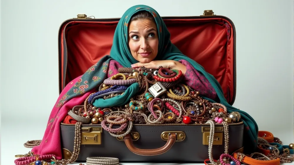 Humorous depiction of over-accessorizing for travel with too many items. Accessorizing Your Travel Wardrobe