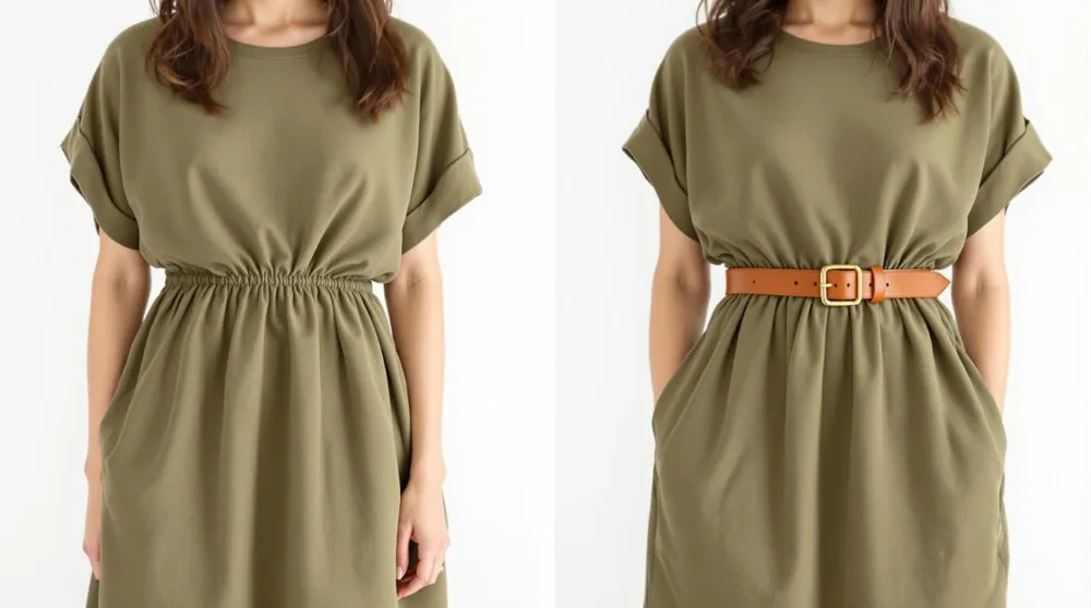 Comparison of a travel dress with and without a belt, demonstrating how a belt defines the waist.
