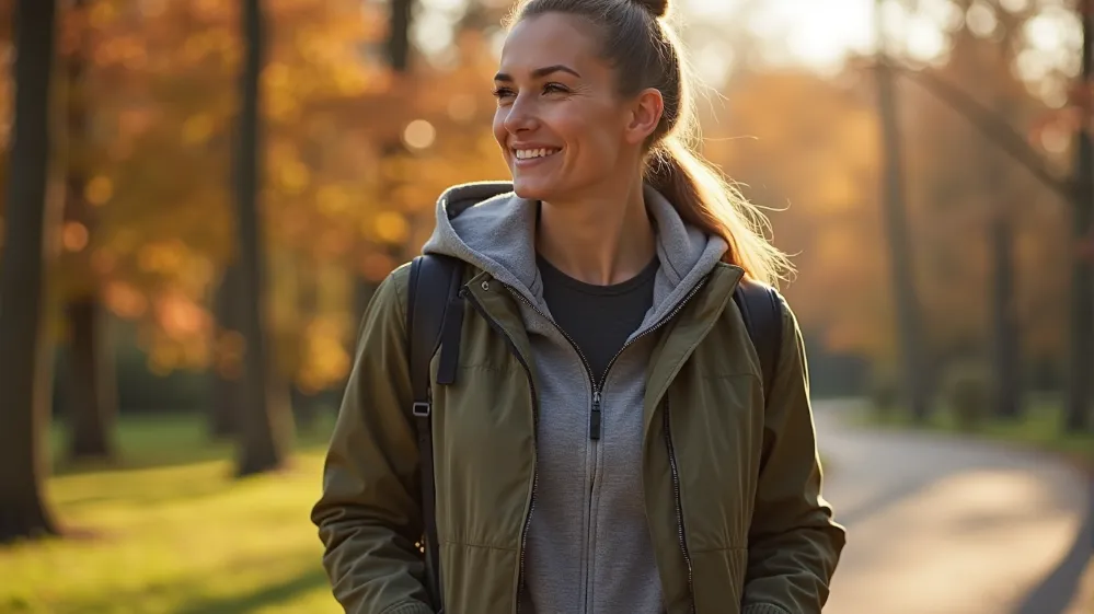 A model demonstrating a layered travel outfit with a moisture-wicking base layer, a cozy mid-layer, and a functional outer jacket, perfectly styled for varied climates.