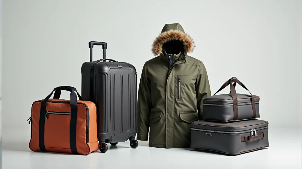 A neatly organized arrangement of travel outerwear essentials alongside a closed suitcase, symbolizing smart travel choices and readiness for any adventure.
