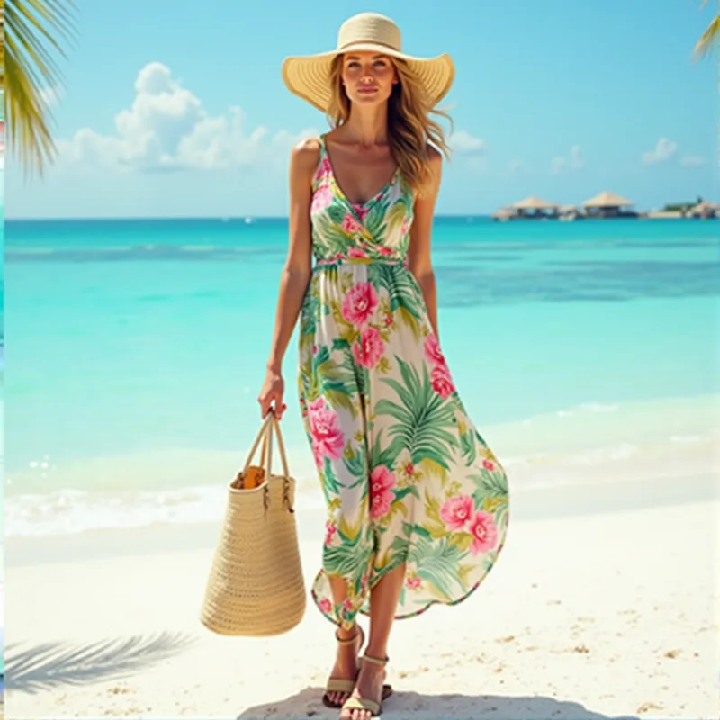 Beach Vacation (if applicable style): with sandals and a hat.