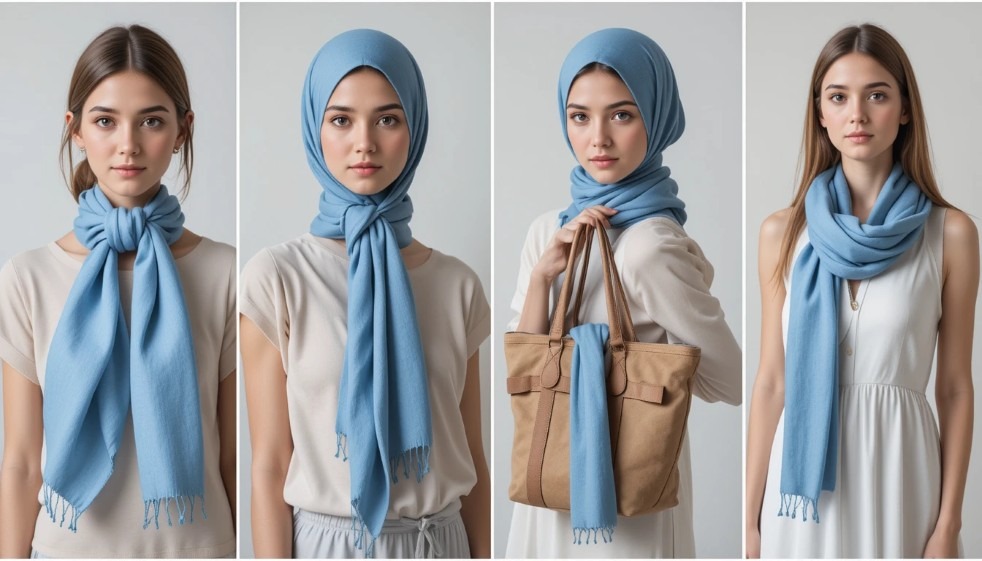 Multiple ways to style a travel scarf: as a neck warmer, head covering, bag accessory, and shawl.