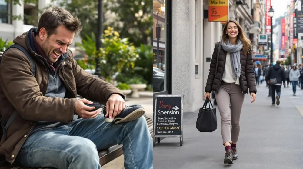 Comparison of traveler experiencing foot pain from poor shoe choice versus traveler walking comfortably in proper shoes.
