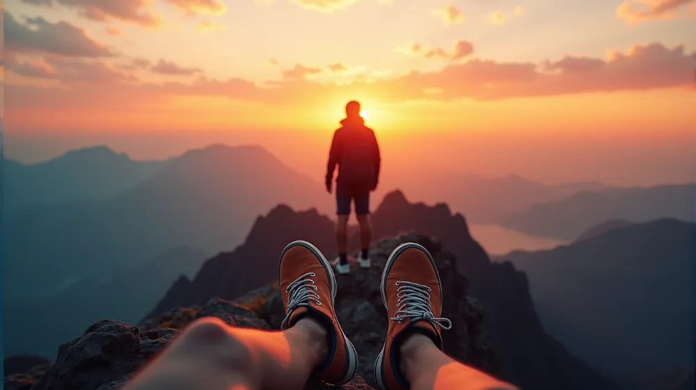 Traveler standing on mountain peak at sunset, showcasing well-worn shoes symbolizing a successful journey.