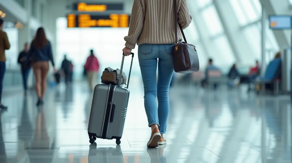 Traveler easily navigating an airport with a carry-on suitcase.