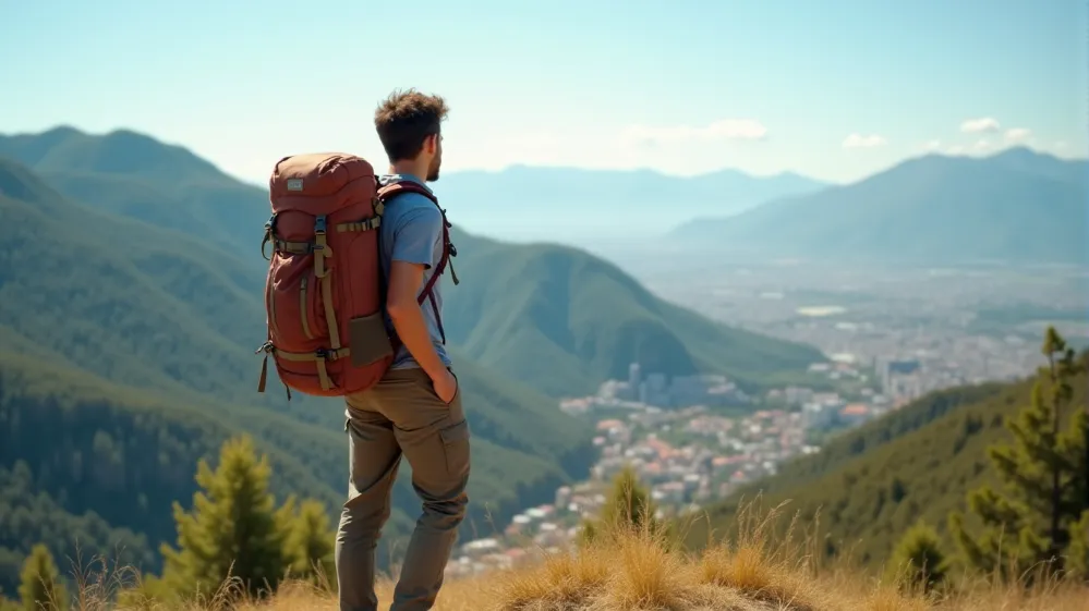 Traveler with a backpack enjoying a scenic view.