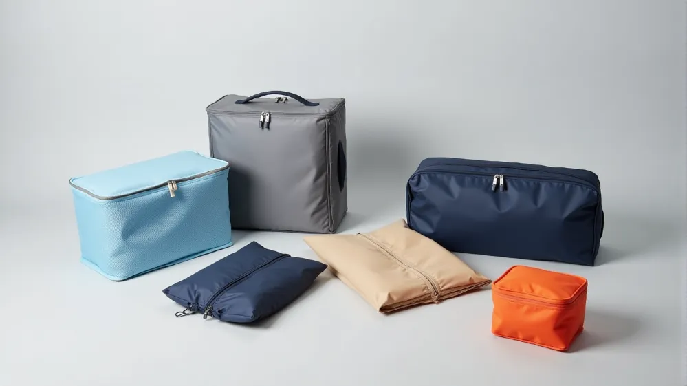Different types and sizes of packing cubes including standard, compression, garment folders, and shoe bags.
