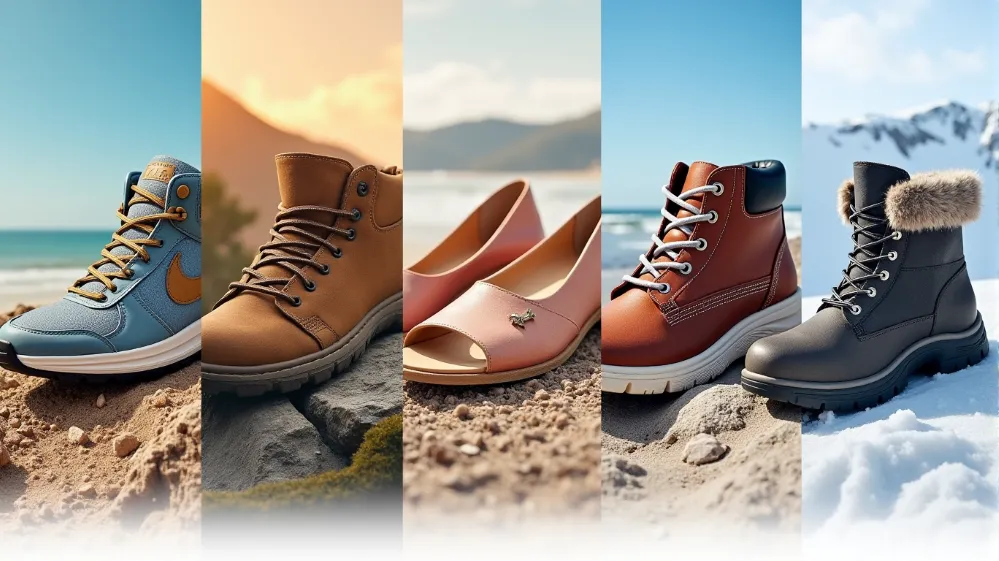 Collage of different types of travel shoes including sneakers, hiking boots, sandals, and dress shoes.