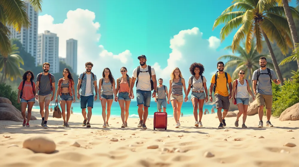 Group of travelers showcasing various travel shoes in different environments, including city streets, beaches, and hiking trails.