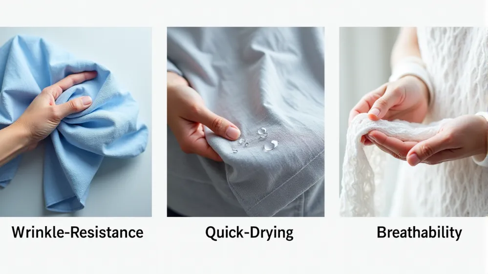 Collage illustrating the three key properties of travel-friendly fabrics: wrinkle-resistance, quick-drying, and breathability.