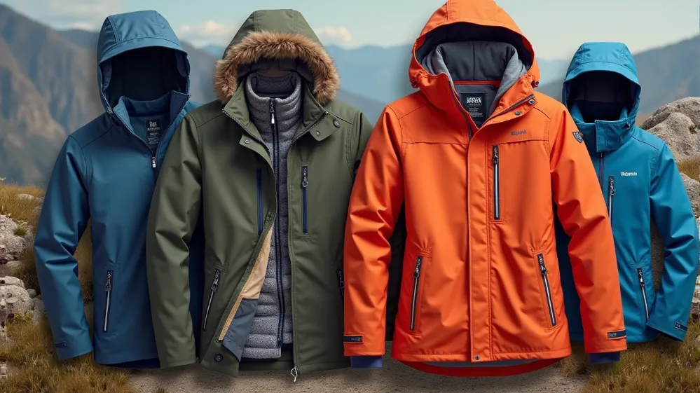 Collage showcasing various travel outerwear items like lightweight jackets, rain coats, and layering essentials set against an outdoor backdrop.
