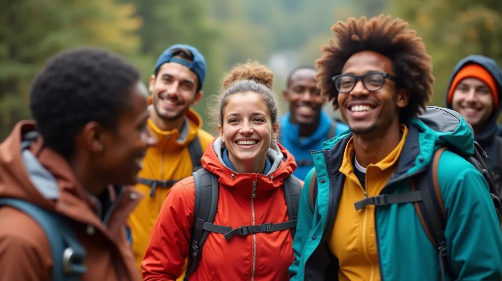 Happy travelers wearing different travel outerwear options during an outdoor excursion, reflecting real-world testing and positive user reviews.