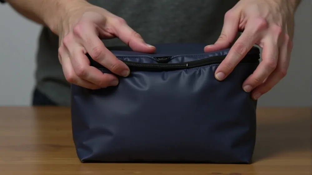 Using the compression zipper on a packing cube to save space.