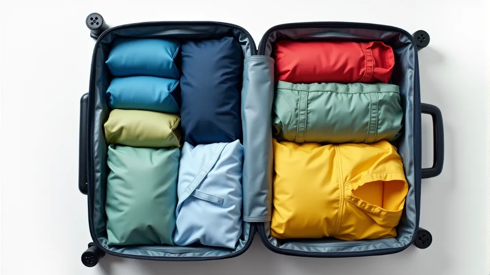 Suitcase organized with colorful packing cubes containing different types of clothing.