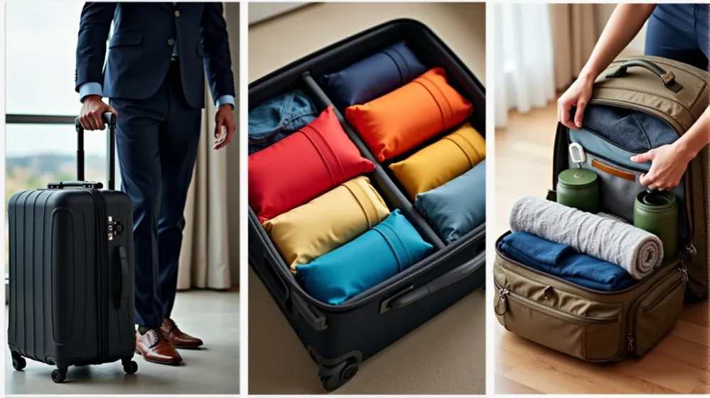 Collage illustrating different types of travelers (business, family, backpacker) benefiting from using packing cubes.