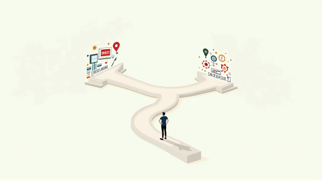 An illustration of a person at a crossroads, choosing between paths representing remote work, freelancing, and entrepreneurship for a digital nomad lifestyle. Digital Nomad Career Paths