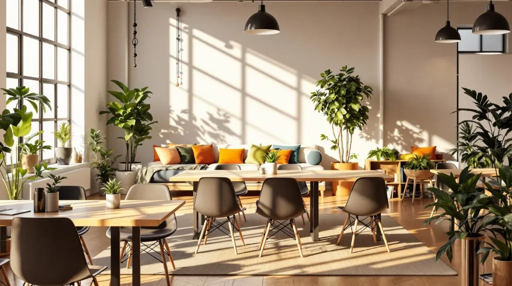 Modern coliving space with communal desks and lounge seating
