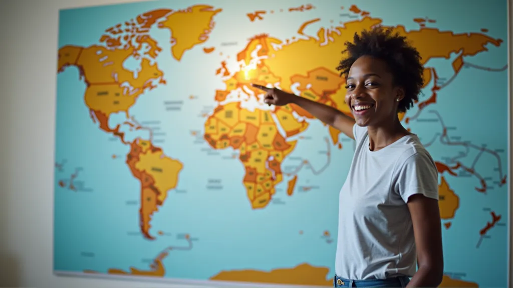 A person looking confidently at a world map, pointing to a chosen destination, with a feeling of accomplishment and readiness for their digital nomad journey.