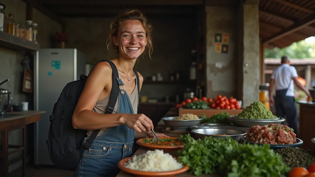 Digital nomad saving money by cooking in a hostel kitchen and shopping at a local market.