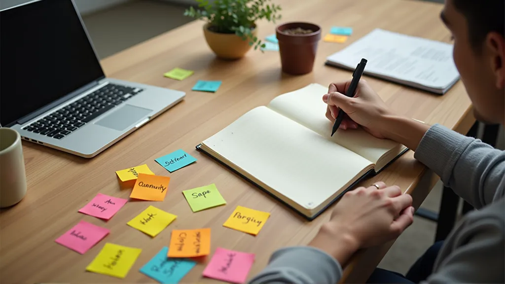 A person sitting at a desk with a laptop and a notebook, actively brainstorming and writing down their personal and professional priorities, surrounded by sticky notes with keywords like "budget," "community," and "work style.