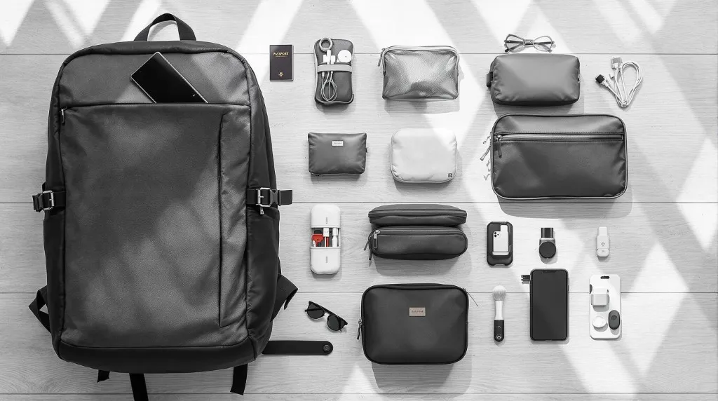 Versatile travel backpack and packing organizers laid out for a digital nomad’s efficient packing.