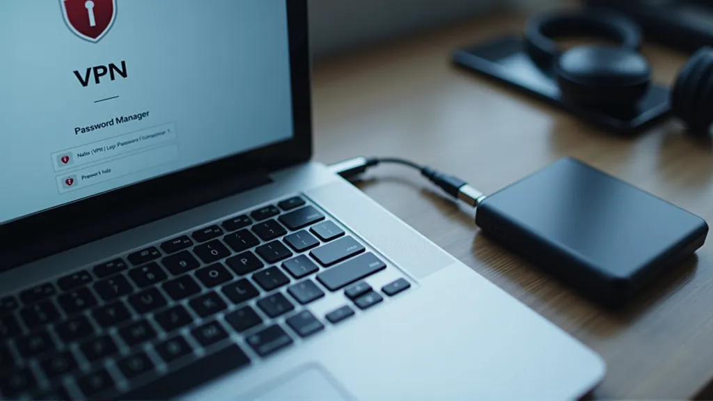 External hard drive, VPN app, and password manager on digital devices highlighting data backup and security for digital nomads.