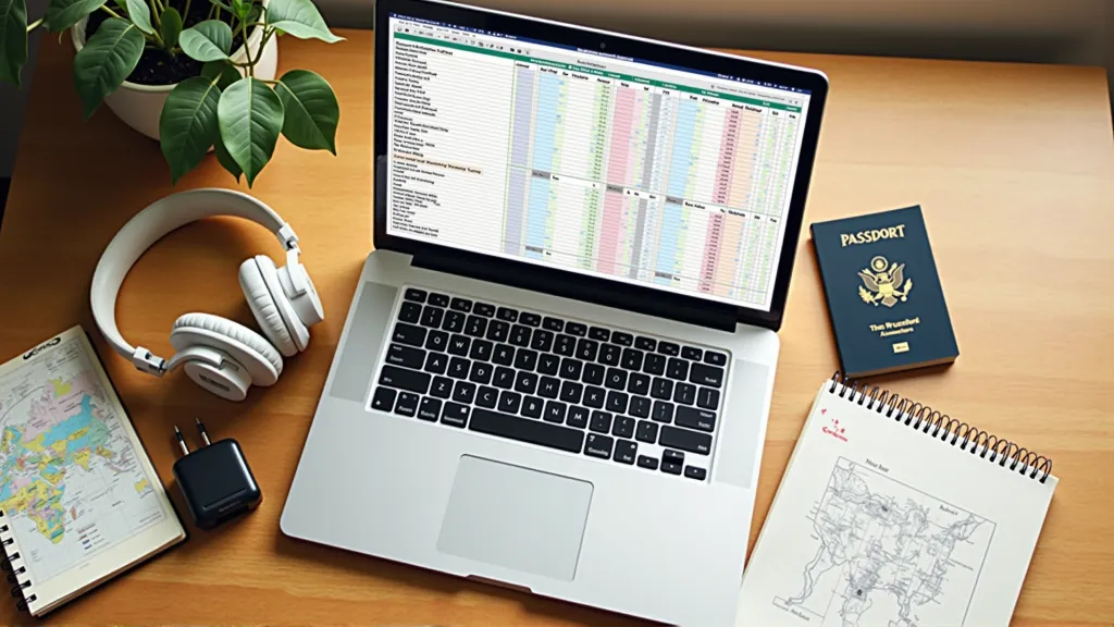 Digital nomad workspace showing a custom budget spreadsheet and travel essentials.