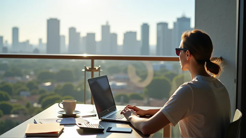 Digital nomad budgeting with laptop and financial tools on a balcony overlooking a city abroad.