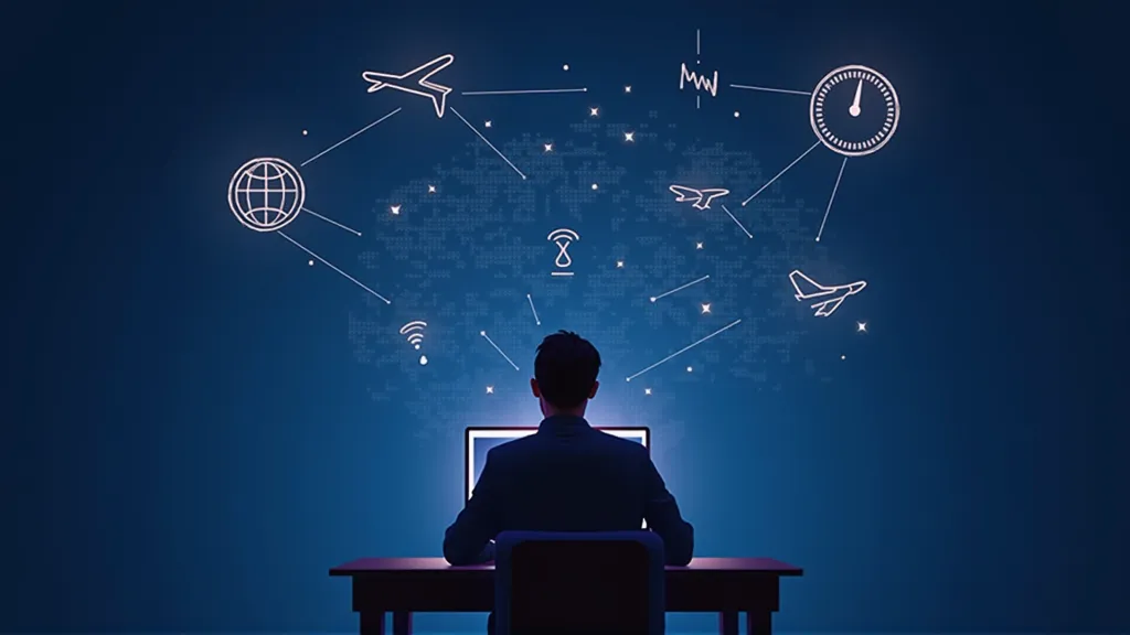 Illustration of a person looking thoughtful or slightly stressed at a laptop with a complex overlay of maps, wires, and a small clock, symbolizing the challenges like unpredictable travel, internet issues, and time management for digital nomads.