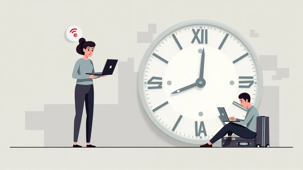 A stylized illustration depicting common digital nomad challenges: a frustrated person looking at a weak Wi-Fi signal icon, a clock showing different time zones, and a lonely figure amidst luggage.