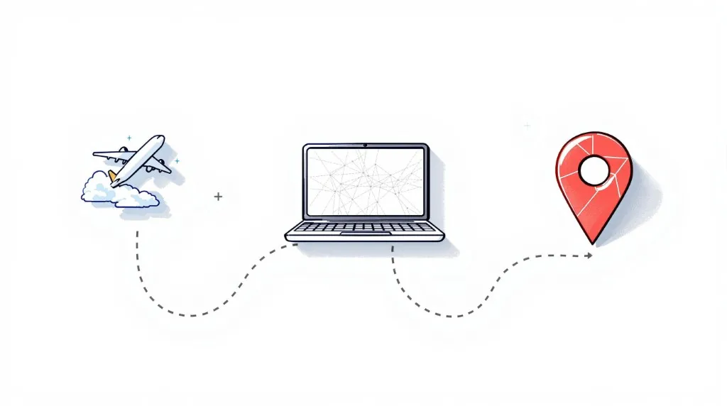 Illustration of laptop, airplane, and location pin icons connected by dotted lines