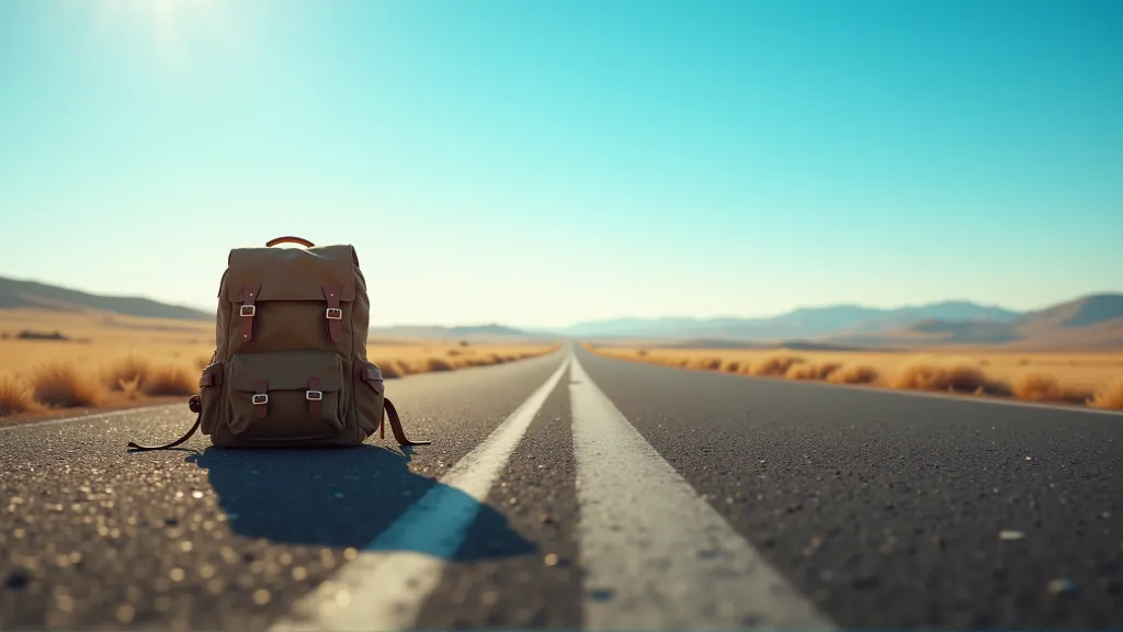 Open road stretching into the horizon with a backpack in the foreground, representing the journey and future possibilities for aspiring digital nomads.