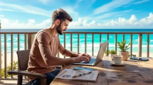 Digital nomad typing on laptop with ocean view backdrop