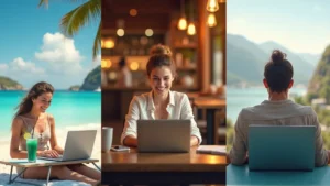 A diverse group of smiling digital nomads working on laptops in scenic locations around the world, including a beach, a bustling city cafe, and a mountain view, symbolizing freedom and global work.