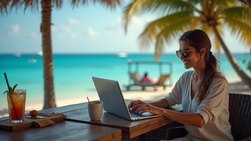 A digital nomad working on a laptop from a scenic beachfront cafe, illustrating the blend of travel and remote work. Digital Nomad Career Paths