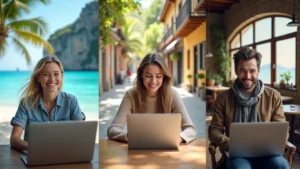 A diverse group of smiling digital nomads working on laptops in scenic, varied locations like a beach, a bustling cafe, and a mountain cabin, symbolizing freedom and remote work.