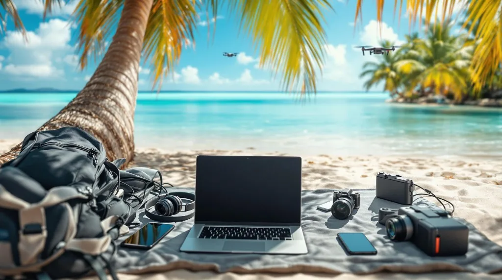 Digital nomad working remotely on a beach with essential tech gear, travel backpack, laptop, headphones, and drone under palm trees