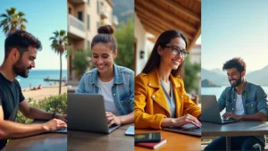 Diverse digital nomads working remotely from scenic international locations, symbolizing freedom and global connectivity.