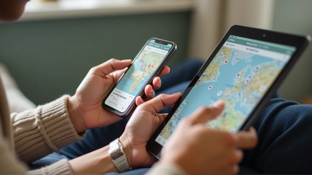 A person's hands holding a smartphone and tablet, Browse various digital nomad websites and apps like Nomad List, Numbeo, and maps, demonstrating the use of online research tools.